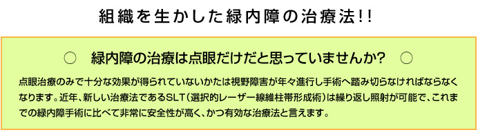 緑内障の治療は点眼だけだと思っていませんか？点眼治療のみで十分な効果が得られていないかたは視野障害が年々進行し手術へ踏み切らなければならなくなります。近年、新しい治療法であるSLT（選択的レーザー線維柱帯形成術）は繰り返し照射が可能で、これまでの緑内障手術に比べて非常に安全性が高く、かつ有効な治療法と言えます。